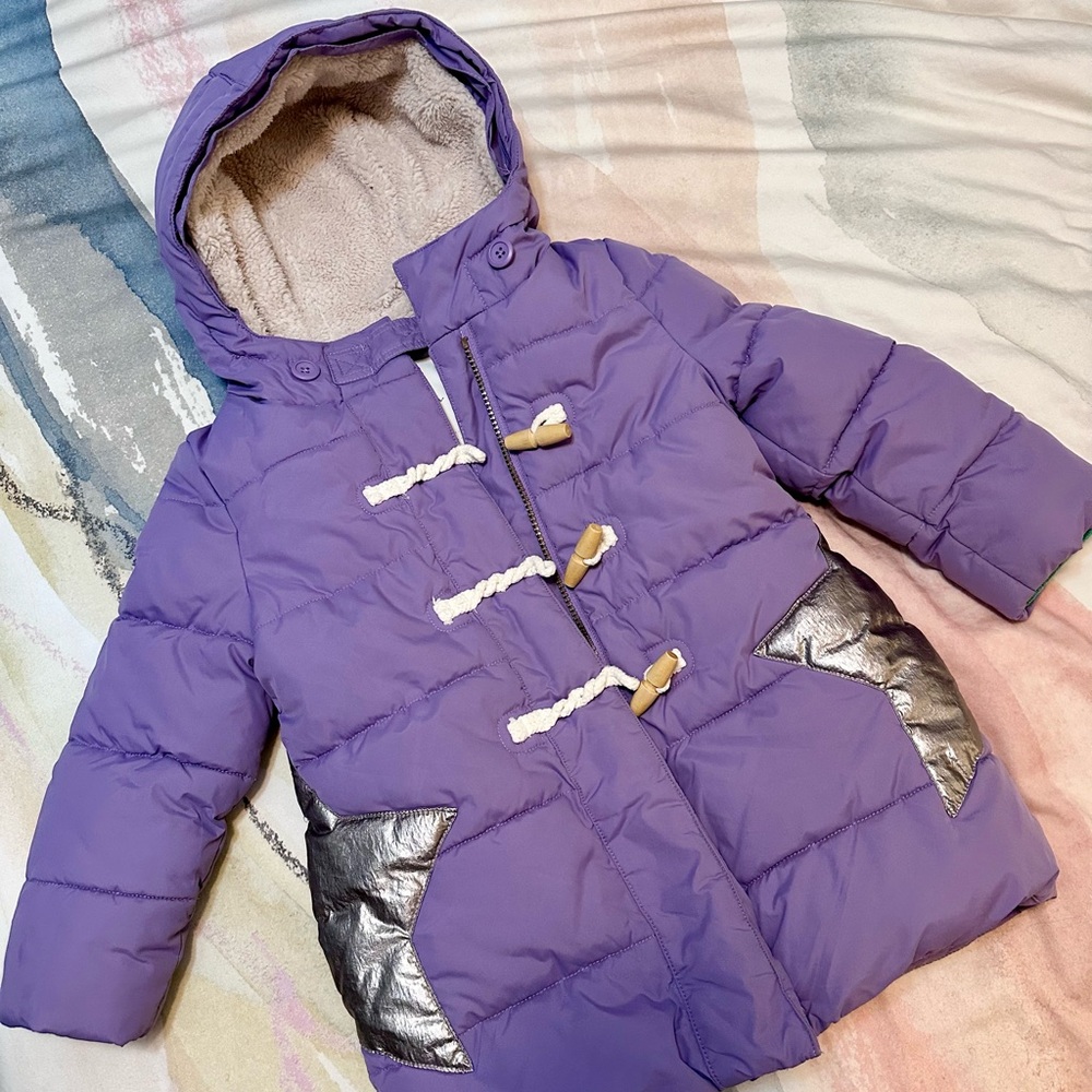 Mini Boden Hooded Puffer Coat with Silver Accents